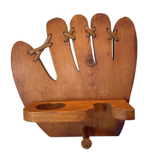 Vintage Wooden Baseball Glove Wall Shelf & Holder With Peg For Cap Or Accessorie - Picture 2 of 9